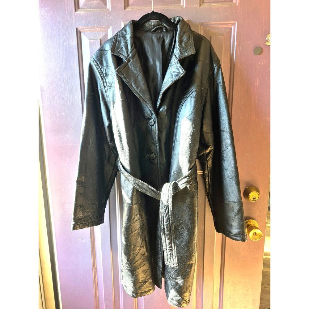 Vintage patch work 1980s black leather trench coat womens size large with belt - Picture 1 of 6
